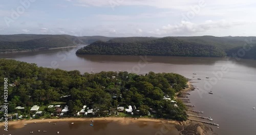 Dangar island aerial hovering over Hawkesbury river in Greater Sydney – 4k.
 photo