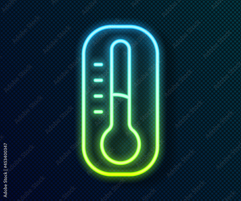 Glowing neon line Meteorology thermometer measuring icon isolated on black background. Thermometer equipment showing hot or cold weather. Vector