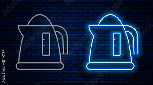 Glowing neon line Electric kettle icon isolated on brick wall background. Teapot icon. Vector