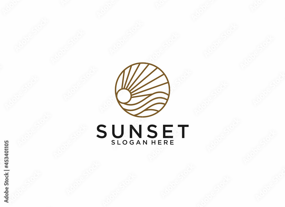 sunset logo template with simple ocean waves and sun illustration sunset logo template with simple ocean waves and sun illustration