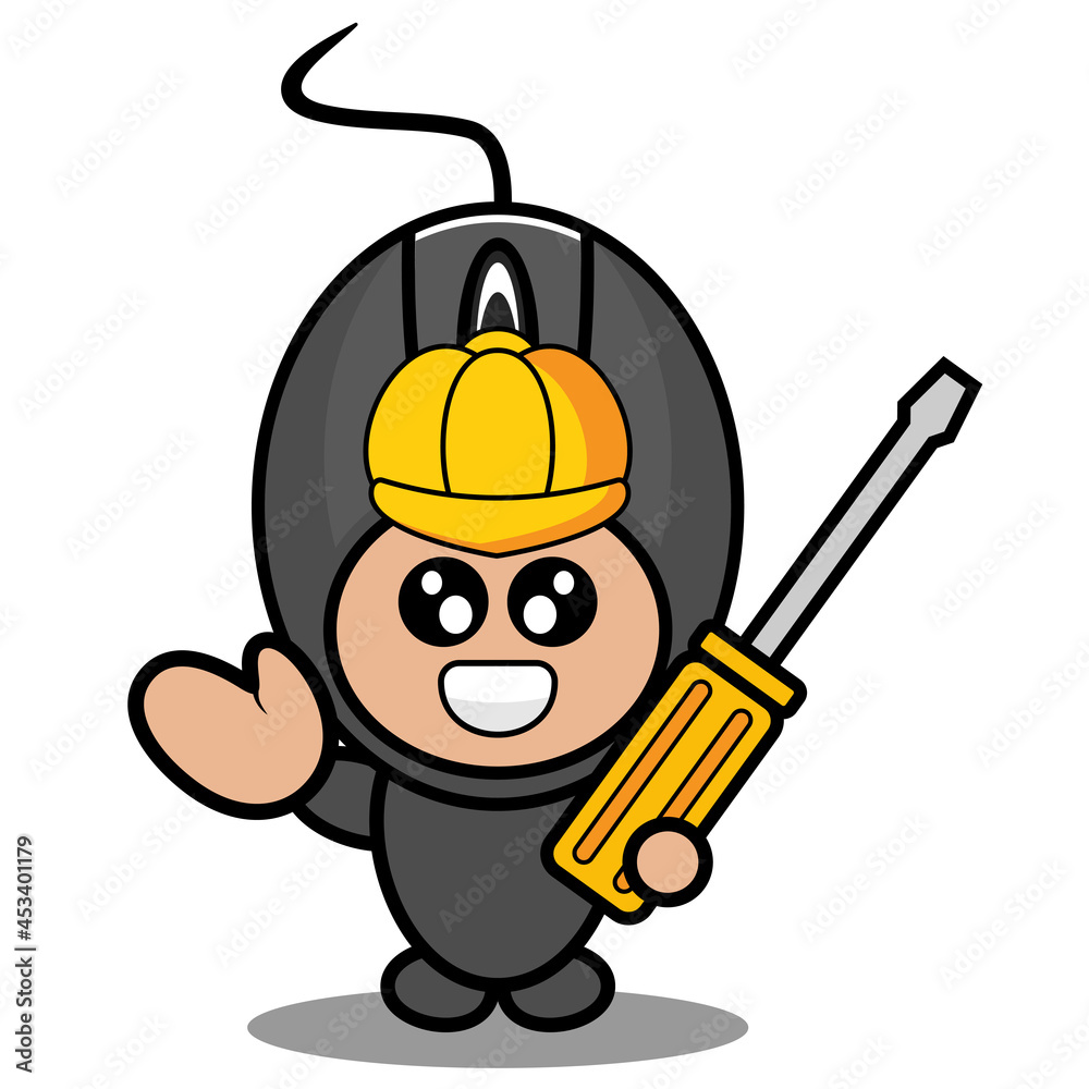 doodle vector cartoon character cute computer mouse mascot costume holding screwdriver with waving hand