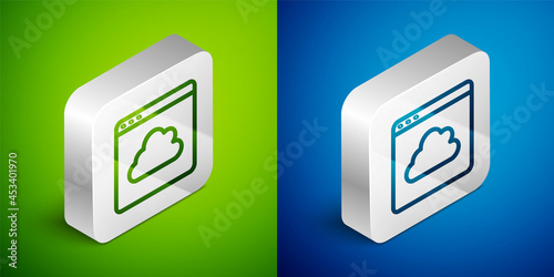 Isometric line Cloud technology data transfer and storage icon isolated on green and blue background. Silver square button. Vector