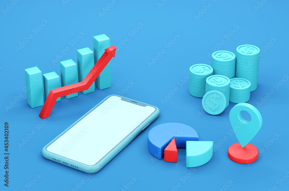 Digital business concept. Smartphone with business element icon on blue background. 3d render illustration. Digital business concept. Smartphone with business element icon on blue background. 3d render illustration.