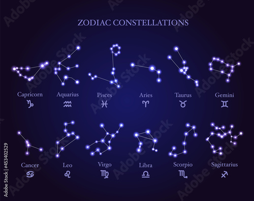 Set of isolated shiny astrology zodiac constellations with signs