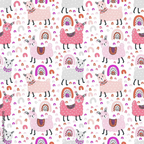 Fototapeta Naklejka Na Ścianę i Meble -  Free hand drawing seamless pattern of lamas and rainbows. Perfect for scrapbooking, poster, textile and prints. Hand drawn illustration for decor and design.