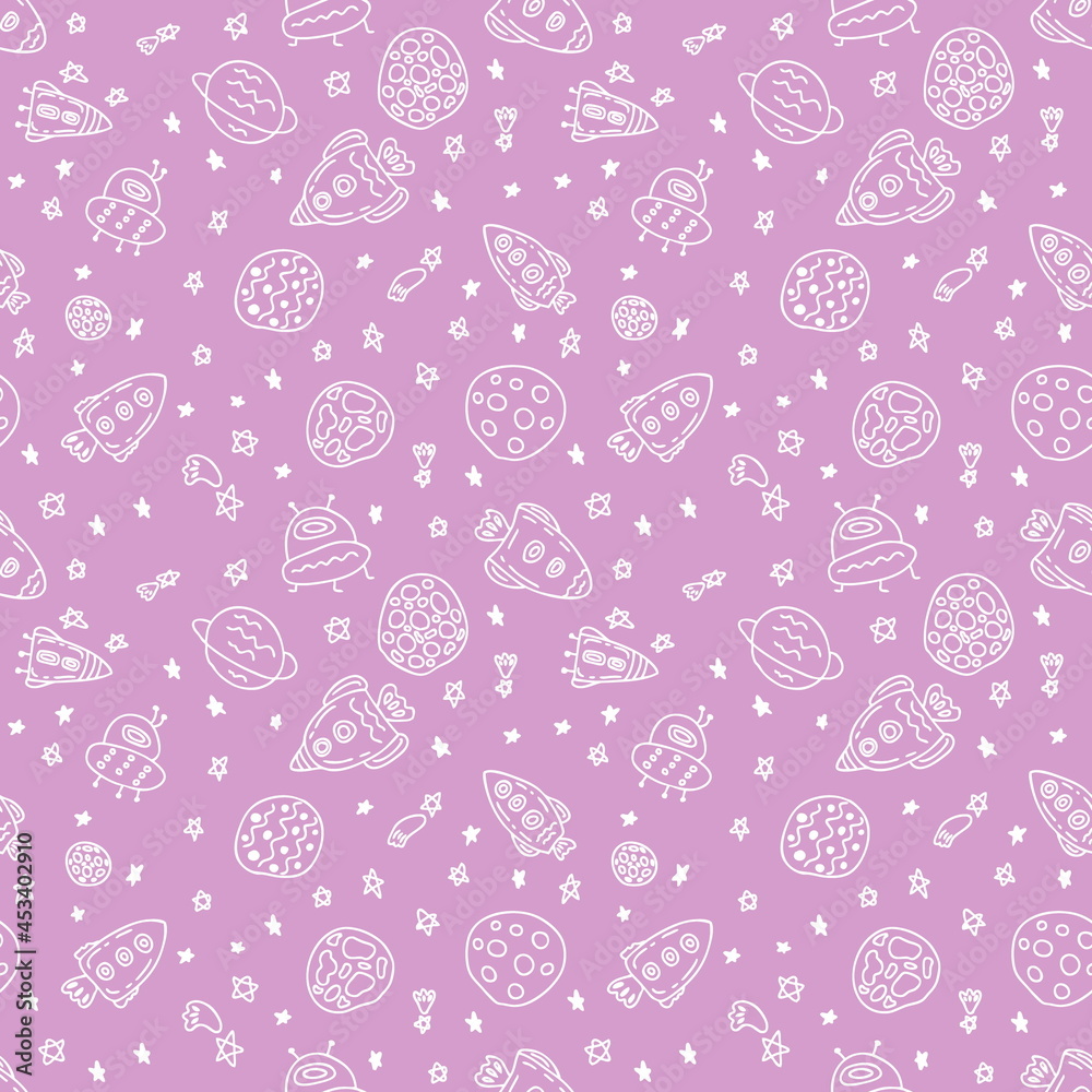 Seamless pattern of rockets and planets in space white doodles. Perfect for fabric, scrapbooking, textile and prints. Sketch style illustration for decor and design.