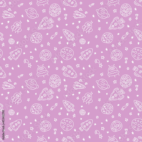 Seamless pattern of rockets and planets in space white doodles. Perfect for fabric, scrapbooking, textile and prints. Sketch style illustration for decor and design.