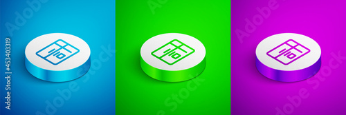 Isometric line Refrigerator icon isolated on blue, green and purple background. Fridge freezer refrigerator. Household tech and appliances. White circle button. Vector