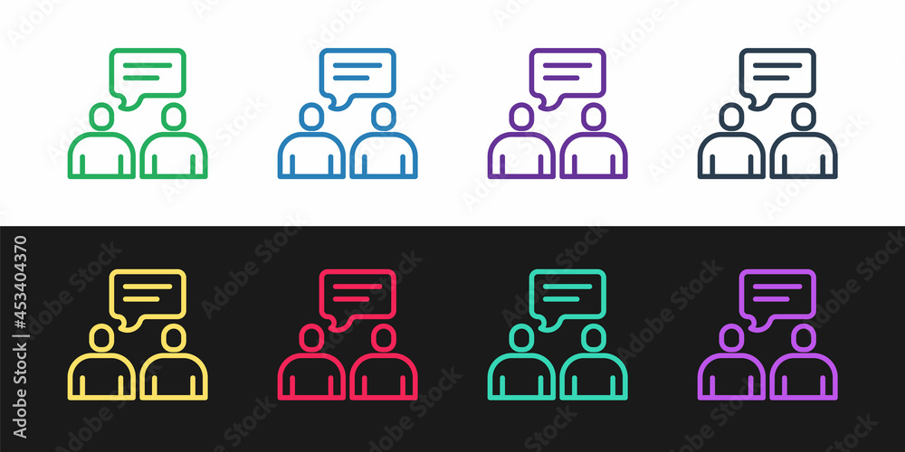 Set line Two sitting men talking icon isolated on black and white background. Speech bubble chat. Message icon. Communication or comment chat symbol. Vector Set line Two sitting men talking icon isolated on black and white background. Speech bubble chat. Message icon. Communication or comment chat symbol. Vector