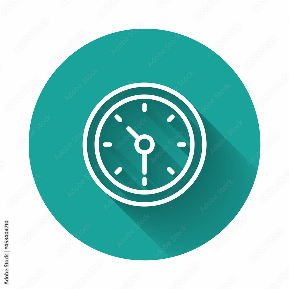 White line Clock icon isolated with long shadow background. Time symbol. Green circle button. Vector White line Clock icon isolated with long shadow background. Time symbol. Green circle button. Vector