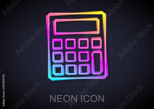 Glowing neon line Calculator icon isolated on black background. Accounting symbol. Business calculations mathematics education and finance. Vector