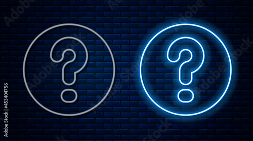 Glowing neon line Speech bubbles with Question icon isolated on brick wall background. FAQ sign. Chat speech bubble and chart. Vector
