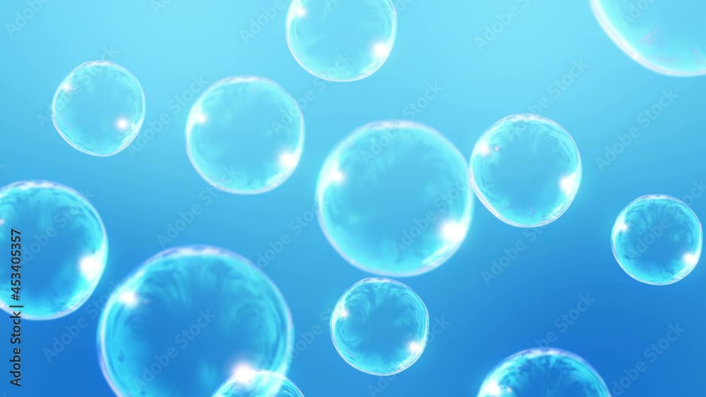 Many soap bubbles on blue background. Realistic bubbles slowly float ...