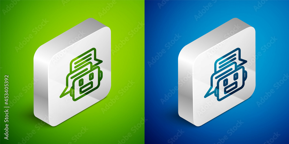 Isometric line Chat bot icon isolated on green and blue background. Chatbot icon. Silver square button. Vector