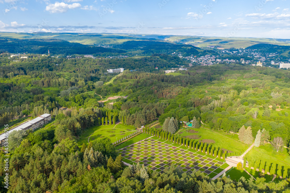 Aerial view of the chess order of the Valley of Roses in the park in the city of Kislovodsk, Caucasus, Russia