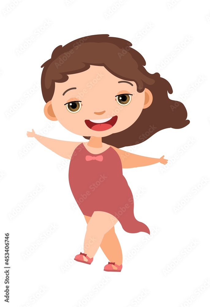 Child funny. Little girl. In red clothes. Kid jumps for joy. Charming active cute character. Cute kid. Face wobble smile. Cartoon style. Isolated on white background. Vector