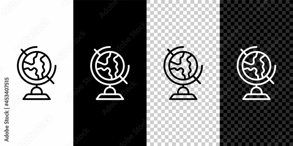 Set line Earth globe icon isolated on black and white, transparent background. Vector