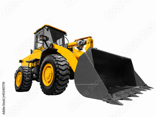 Yellow front loader on a white background. Backhoe loader yellow on a white background