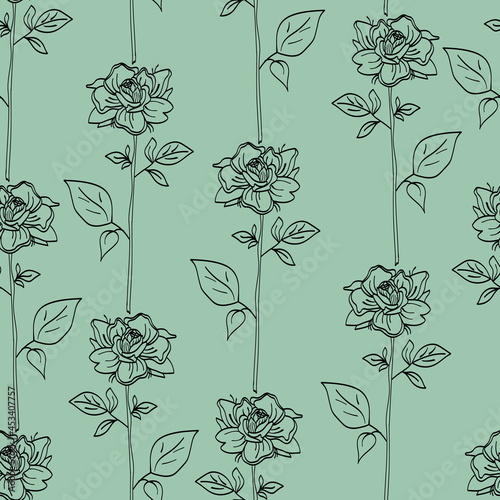 Vector seamless pattern of a rose flower with leaves. Botanical illustration. Design for prints, textile, fabric, wallpaper, paper, postcards, logos.
