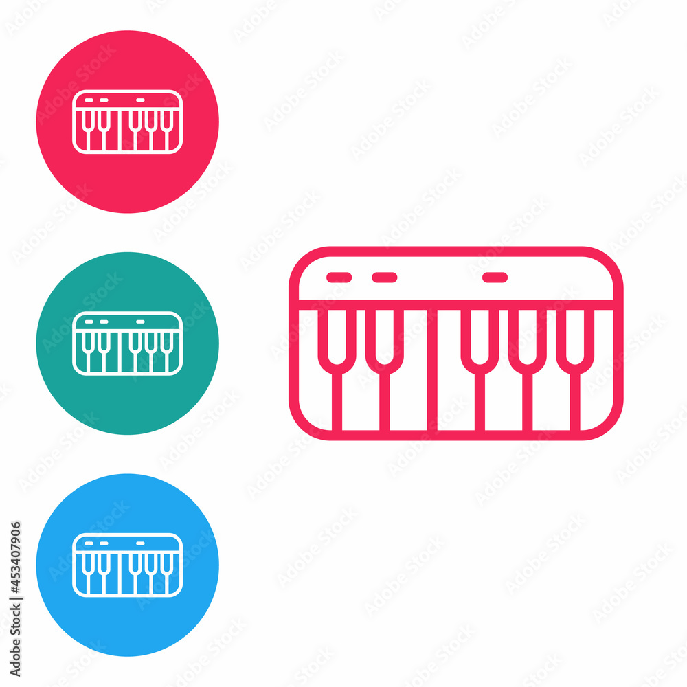 Red line Music synthesizer icon isolated on white background. Electronic piano. Set icons in circle buttons. Vector Red line Music synthesizer icon isolated on white background. Electronic piano. Set icons in circle buttons. Vector