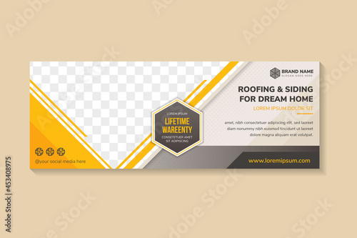 Horizontal Banner for roofing and siding for dream home, creative concept for advertising, template for posting photos and text. Modern grey gradient background with yellow multicolored element.