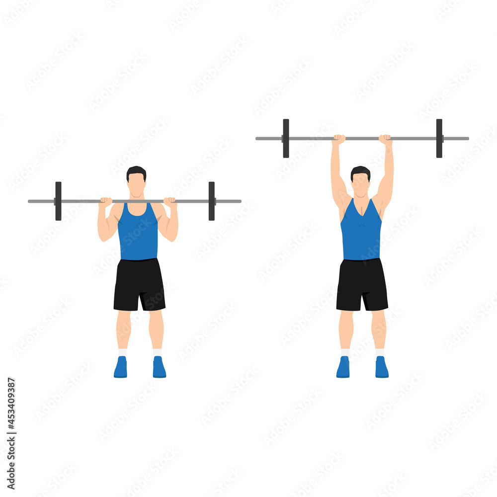 Obraz premium Man doing Overhead barbell shoulder press exercise. Flat vector illustration isolated on white background