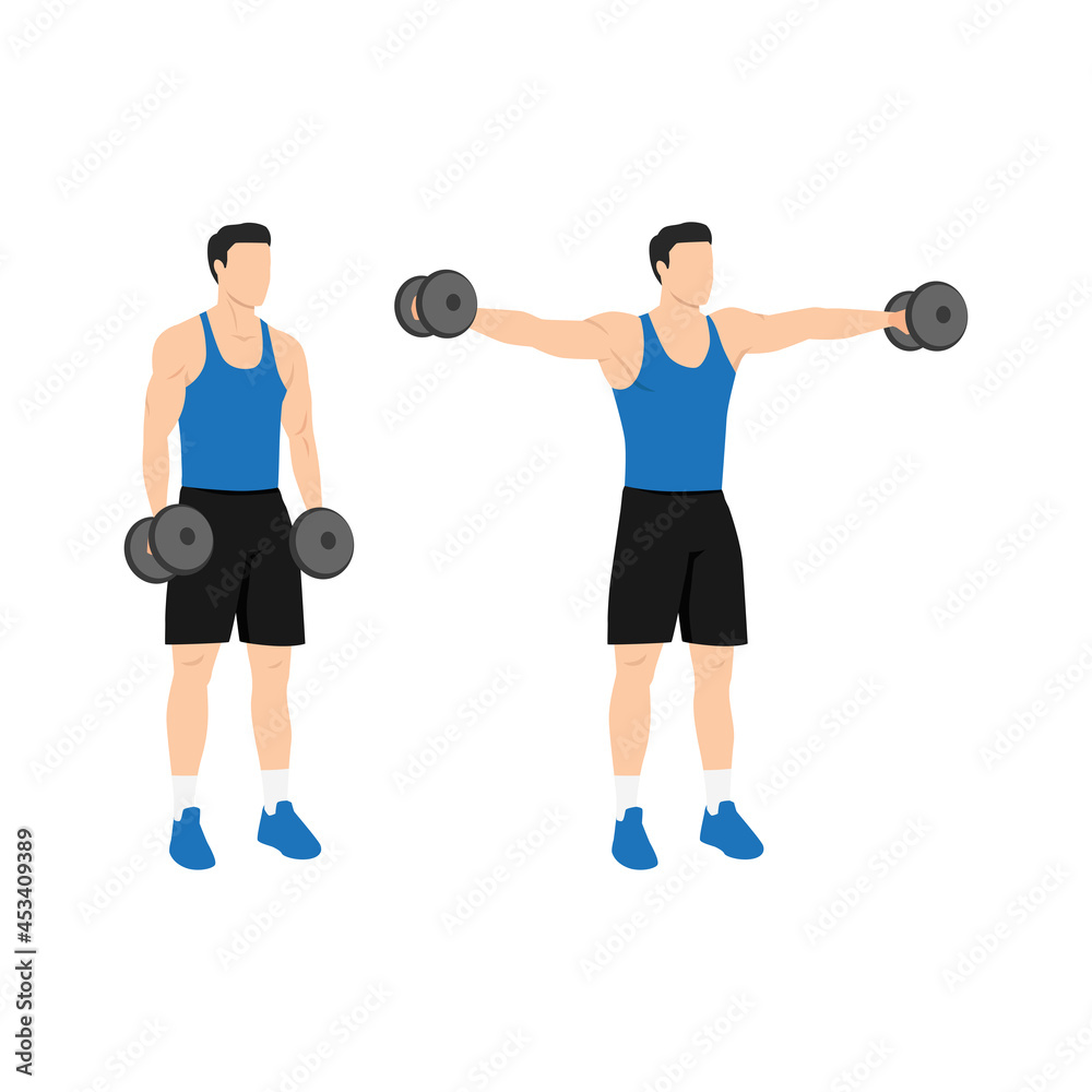 Man doing Lateral side shoulder dumbbell raises. Power partials exercise. Flat vector illustration isolated on white background Man doing Lateral side shoulder dumbbell raises. Power partials exercise. Flat vector illustration isolated on white background