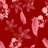 Scarlet Seamless Palm. Brown Pattern Plant. Ruby Tropical Background. Pink Flower Botanical. Coral Flora Nature. Spring Background. Summer Background.Floral Vintage.
