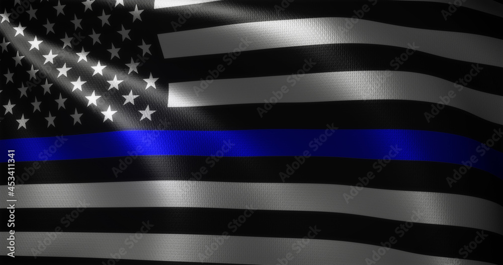 Thin Blue Line Flag, United States of America flag with waving folds, close  up view, 3D rendering foto de Stock | Adobe Stock