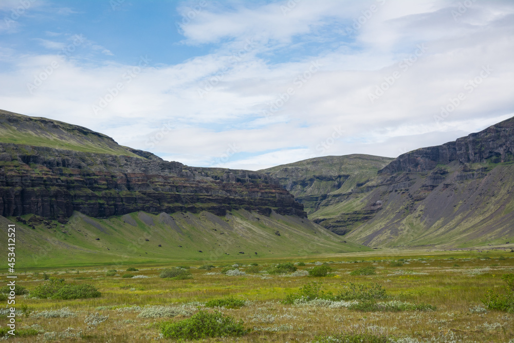 Iceland landscape with mountains and blue sky