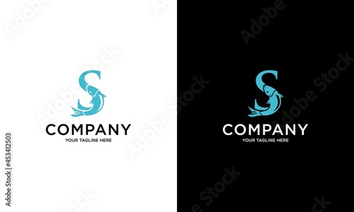 Abstract Fish Vector Sign, Emblem or Logo Template. S-Shaped Silhouette. Clean Color Light Blue..
