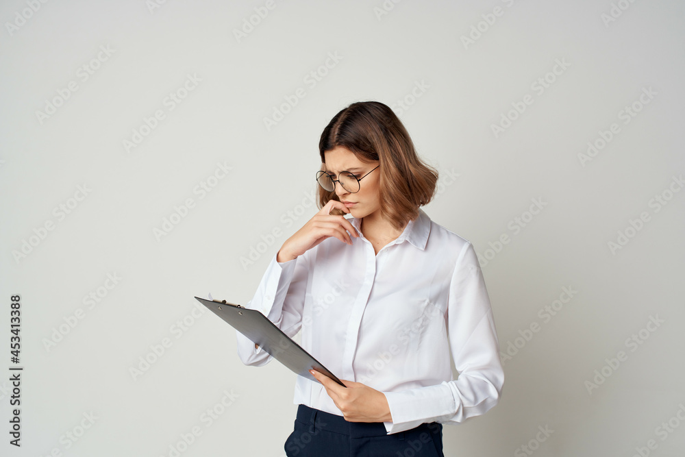 Business woman in white shirt documents work Copy Space Business woman in white shirt documents work Copy Space