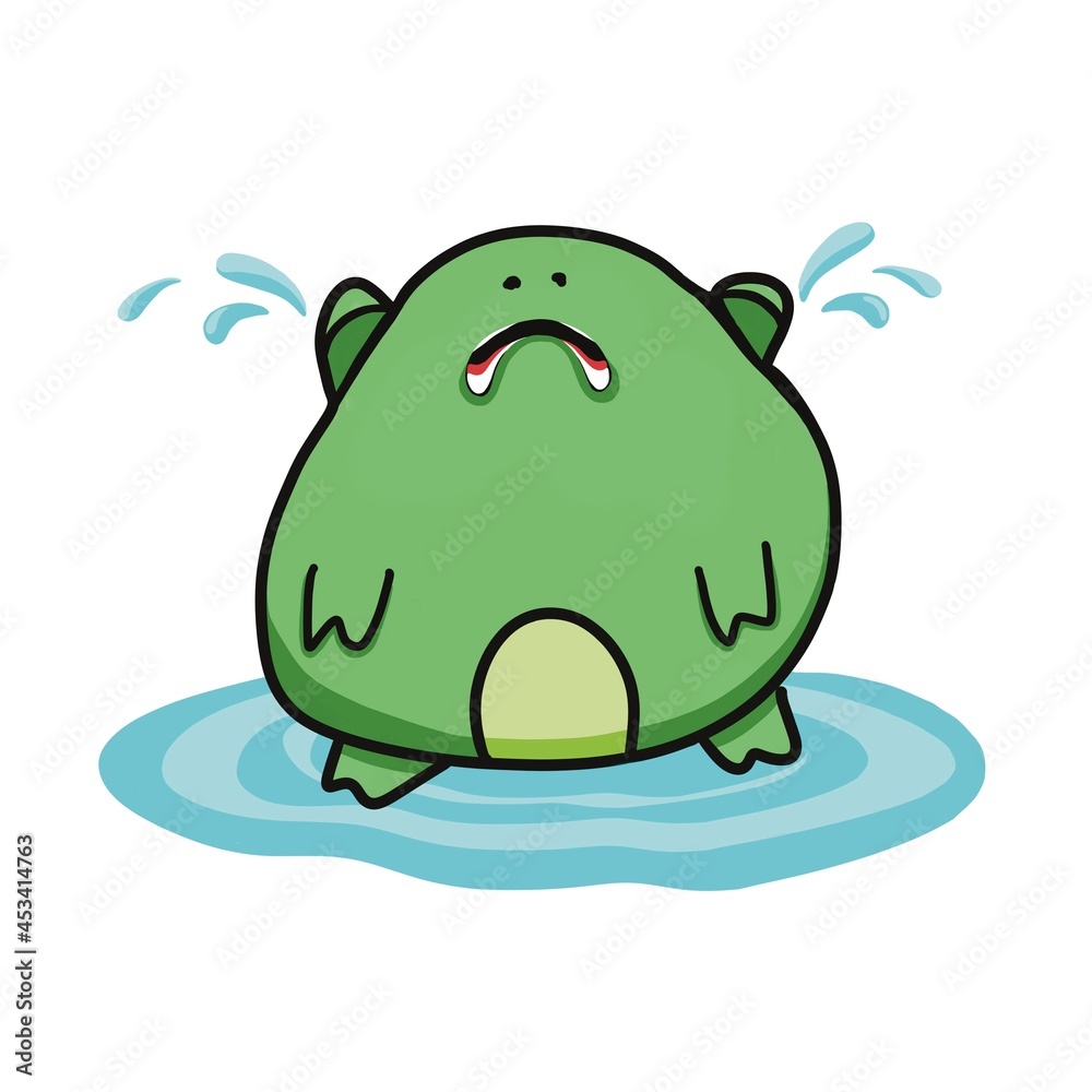 the cute toad is upset and crying so much that a puddle has formed under it, a cute character, a crying toad. the cute toad is upset and crying so much that a puddle has formed under it, a cute character, a crying toad.