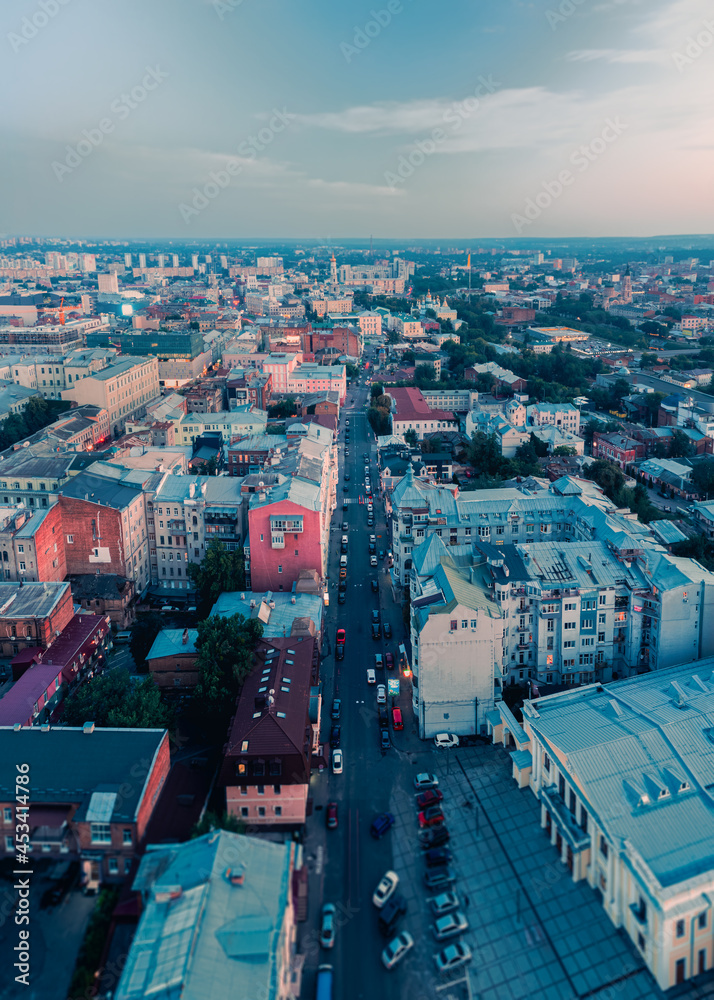 Rymarska Street in the evening before sunset, Kharkiv, Ukraine. Aerial Drone shot.