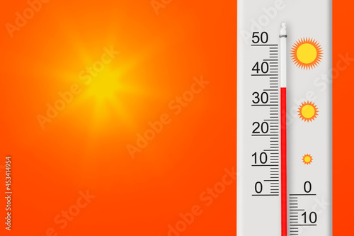 Celsius scale hermometer shows plus 36 degrees . Yellow sun in red sky. Summer heat