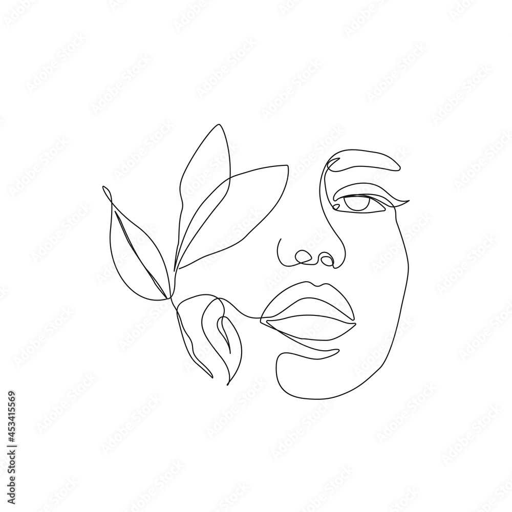 Beauty Woman Face In Leaves Line Art Drawing Set. Woman Head with Flowers  One Line Drawing Prints. Elegant Female Sketch Poster with Minimalist Girl  Portrait Illustration Print. Vector EPS 10 Stock Vector