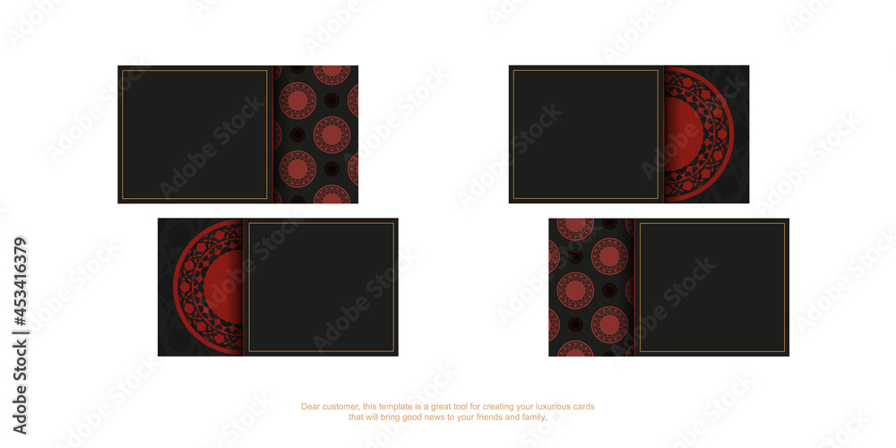 A set of business cards in black with red ornaments. Print-ready business card design with space for your text and luxurious patterns.