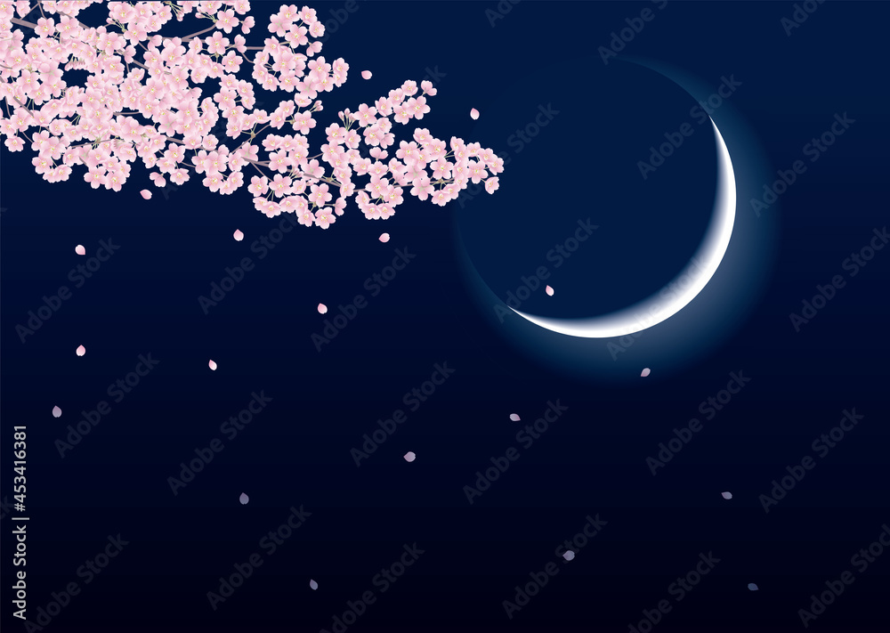 Fototapeta premium 満開から散り始めた夜桜と三日月のベクターイラスト