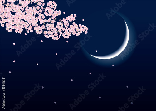 満開から散り始めた夜桜と三日月のベクターイラスト