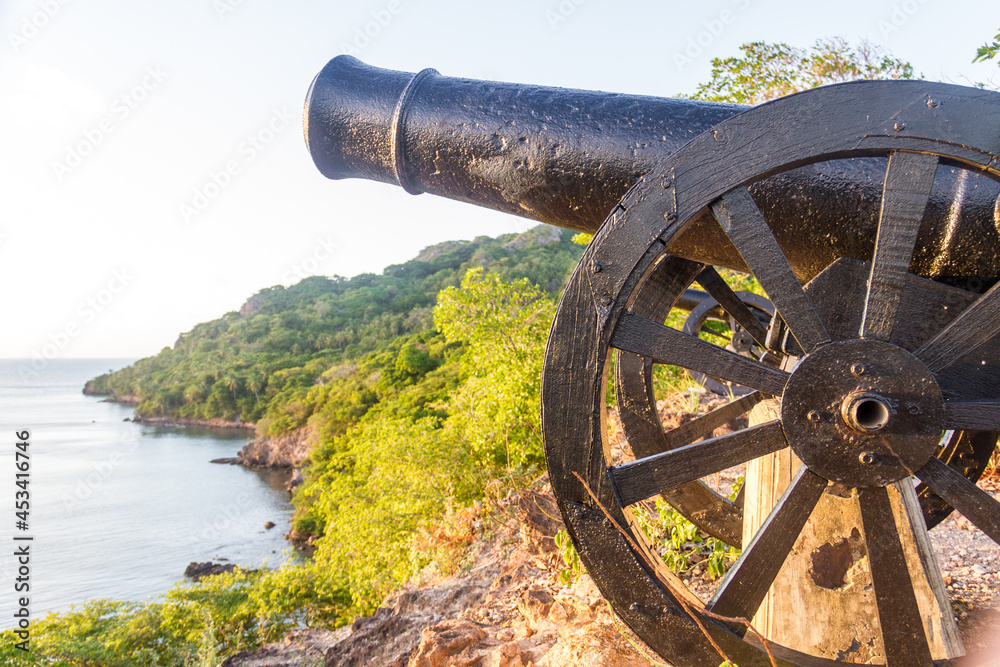 An old military cannon in the forth war wick in Santa Catalina, an island of Colombia