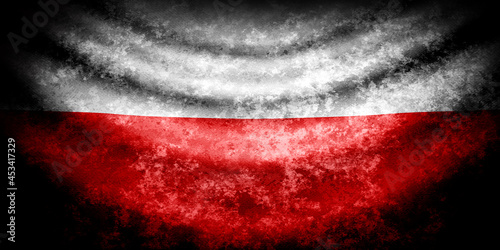 Poland wavy flag in grunge style with darkened edges. Aged texture