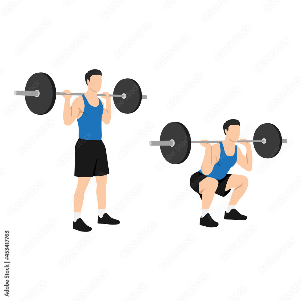 Man doing Barbell squat exercise. Flat vector illustration isolated on white background Man doing Barbell squat exercise. Flat vector illustration isolated on white background