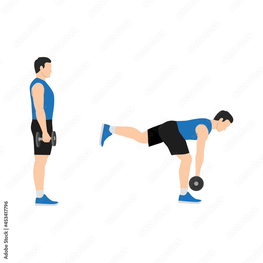 Man doing single leg db deadlifts flat vector illustration isolated on white background Man doing single leg db deadlifts flat vector illustration isolated on white background