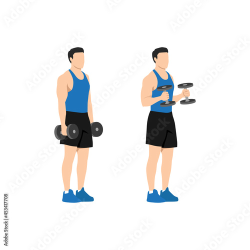 Man doing standing dumbbell bicep hammer curls. Flat vector illustration isolated on different layer. Workout character