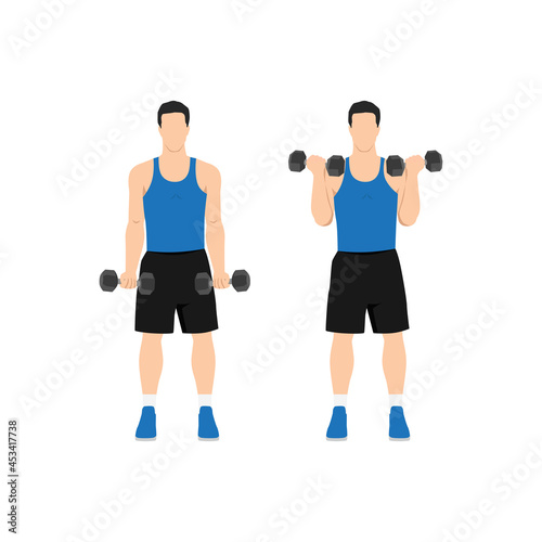 Man doing standing dumbbell bicep curls. Flat vector illustration isolated on different layers. Workout character