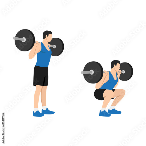 Man doing Barbell squat exercise. Flat vector illustration isolated on white background