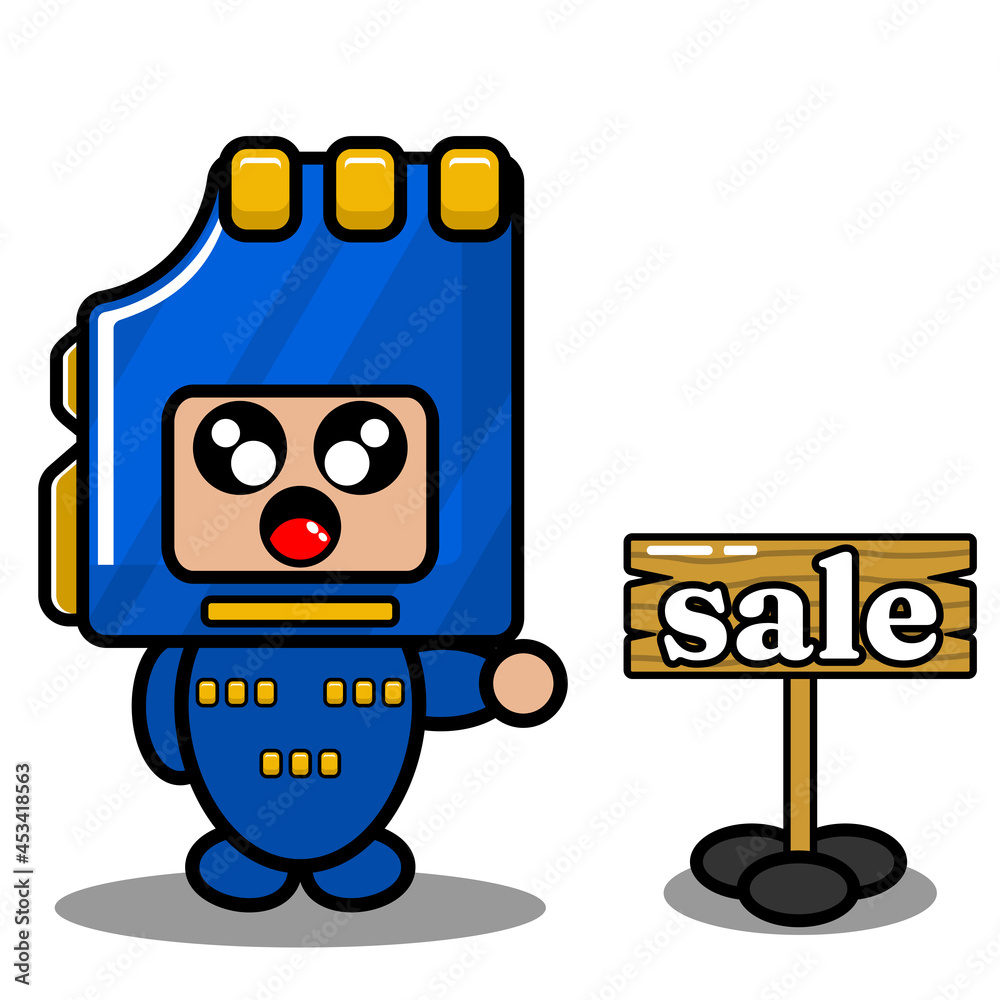 blue memory card mascot costume cute vector cartoon character with sale board