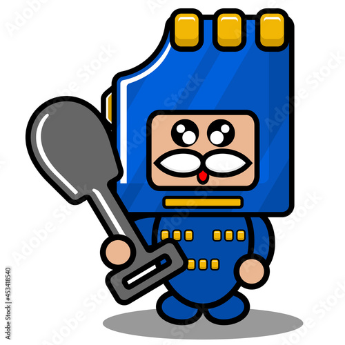 blue memory card mascot costume cute vector cartoon character holding shovel