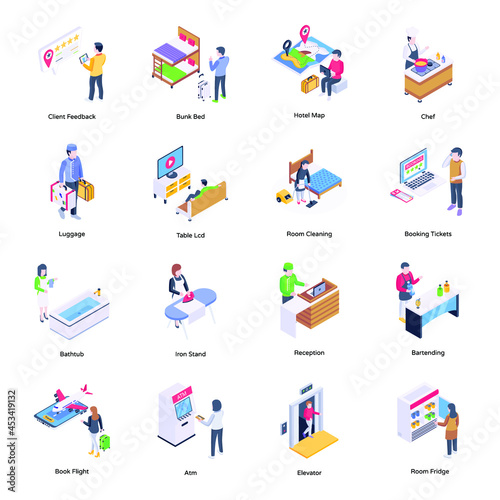Pack of Hotel Facilities Isometric Illustrations 

