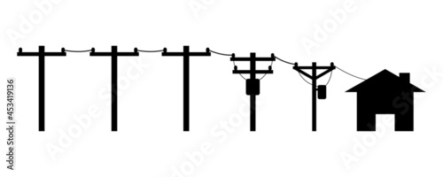Electric poles to transmit electricity to house or home on white background black icon flat vector.